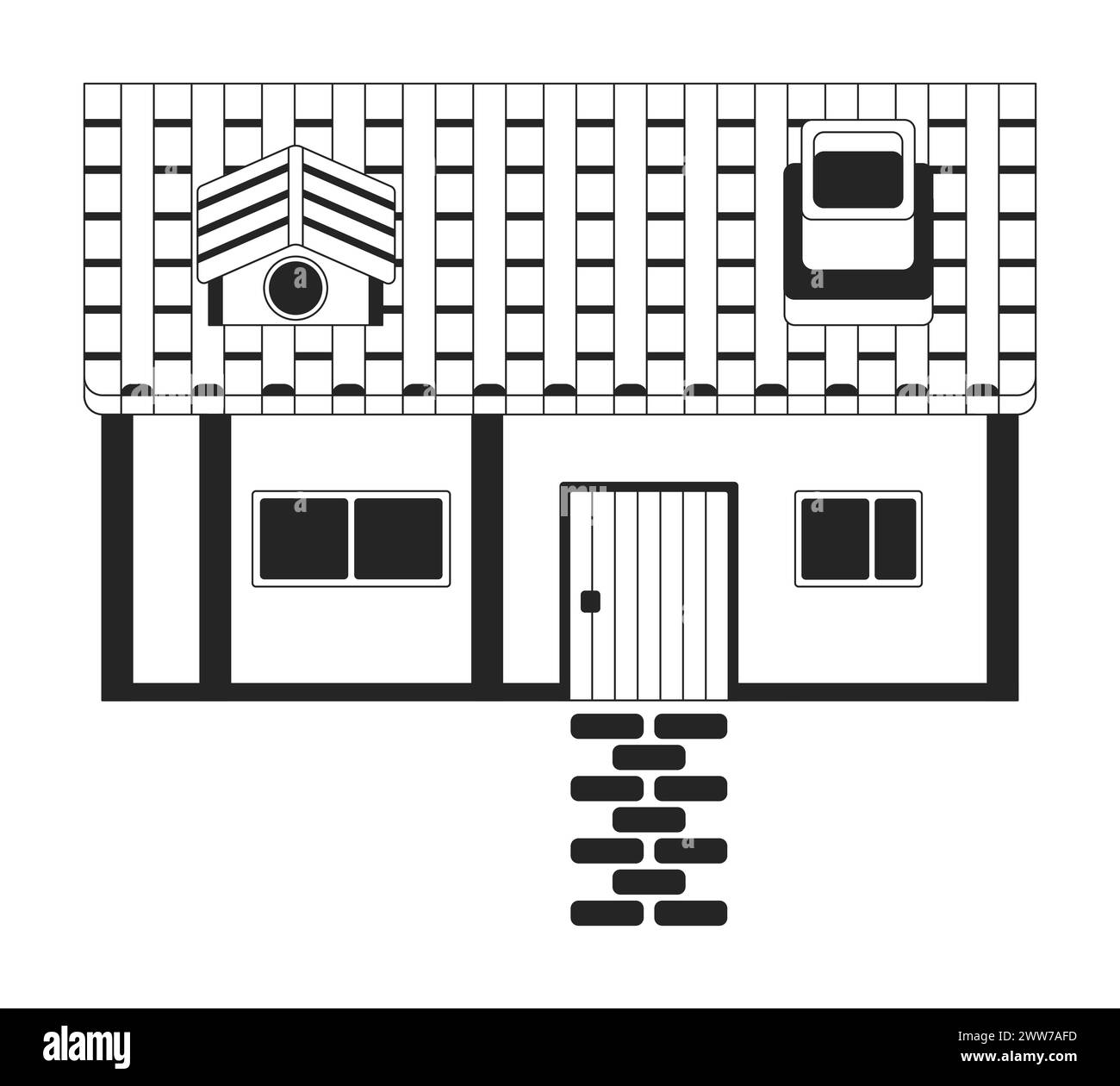 Casa rurale con oggetto cartoni animati in bianco e nero con linea 2D pavimentata Illustrazione Vettoriale