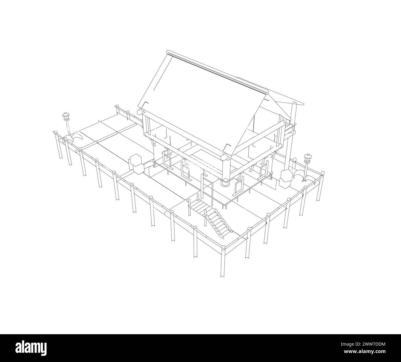 Illustrazione vettoriale, casa estiva sul mare. Modello di casa suburbana 3D. Disegno di un edificio moderno. Progetto Cottage su sfondo bianco. blu vettoriale Illustrazione Vettoriale