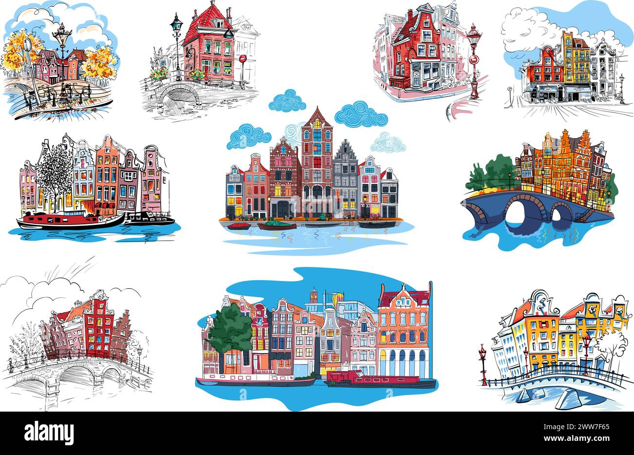 Set di schizzi della città di Amsterdam con canali tradizionali, tipiche case olandesi, Olanda, Paesi Bassi. Illustrazione Vettoriale