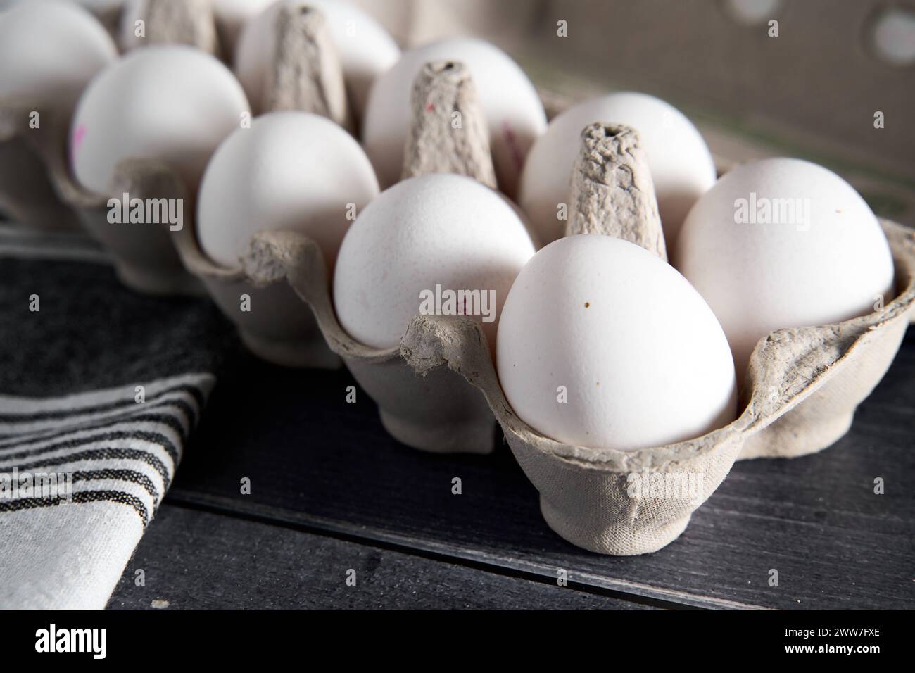 Augusta, Baviera, Germania - 22 marzo 2024: Uova bianche in un cartone di uova. Uova di pollo *** Weiße Eier in einem Eierkarton. Hühnereier Foto Stock