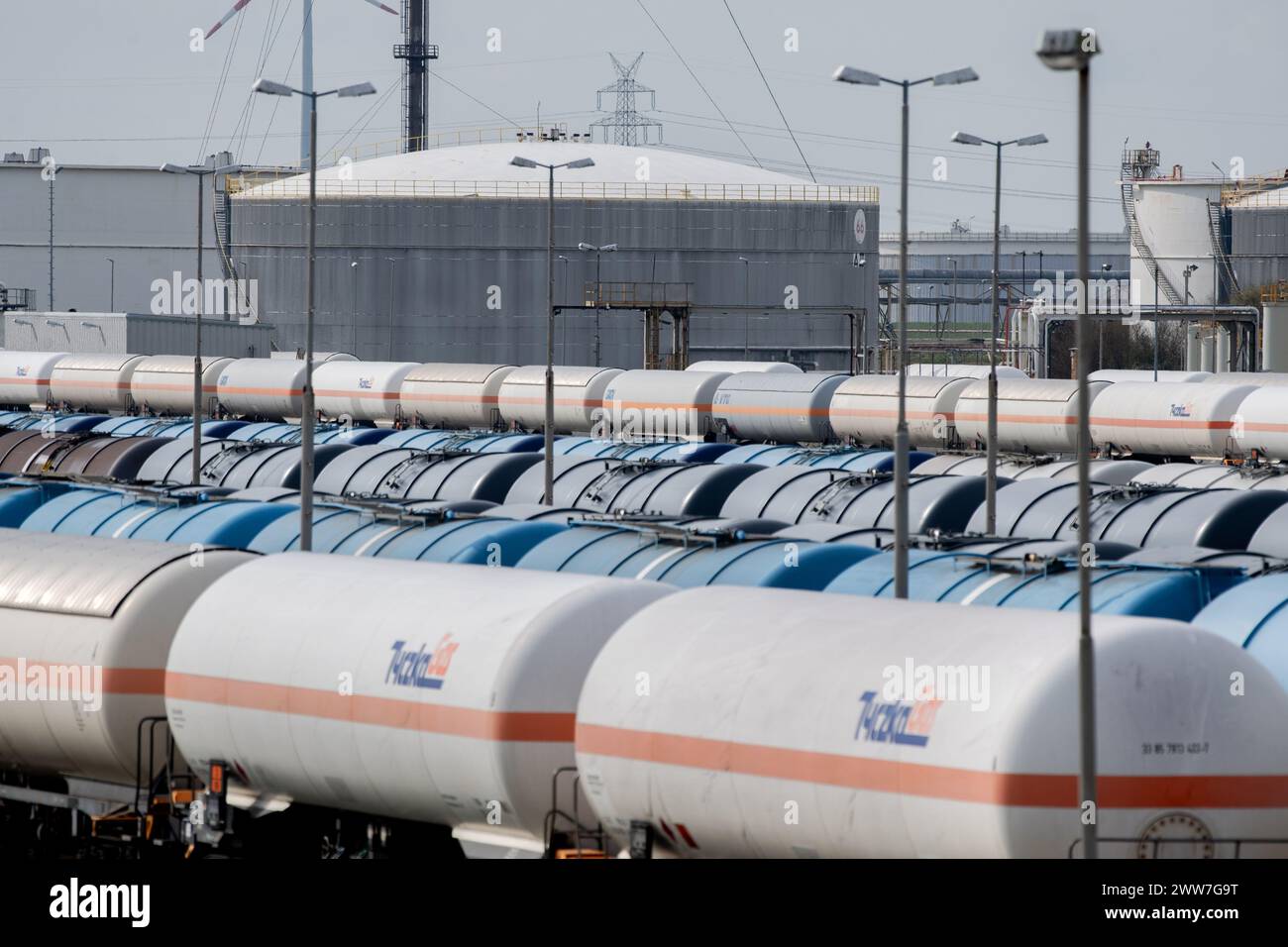 Wilhelmshaven, Germania. 14 marzo 2024. Numerosi carri cisterna si trovano sul sito di un impianto di trasbordo HES International sulla Jade Bay. La società olandese HES International importa e immagazzina petrolio greggio, diesel, benzina e GPL, nonché carburante per aeromobili per i suoi clienti. Crediti: Hauke-Christian Dittrich/dpa/Alamy Live News Foto Stock