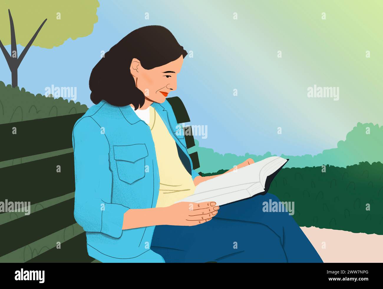 Donna che si rilassa, legge un libro sulla panchina nel parco Foto Stock