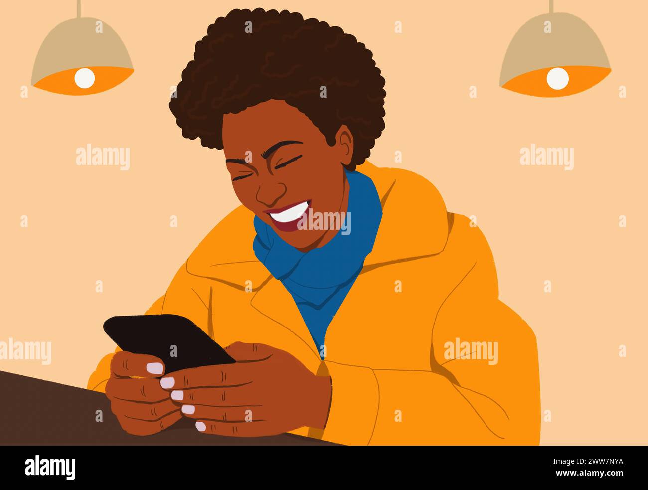 Donna felice che ride, scrive messaggi con lo smartphone Foto Stock
