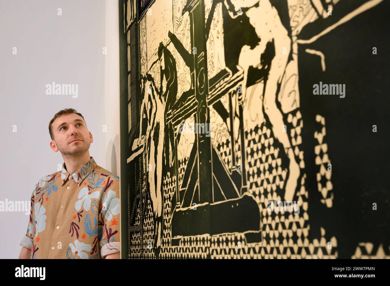 L'artista britannico Jake Garfield con la sua nuova opera "The Print Workshop" (incisione di legno, incisione, acquatinta, sollevamento zucchero, incisione in legno, lino, carborundum) al Foto Stock