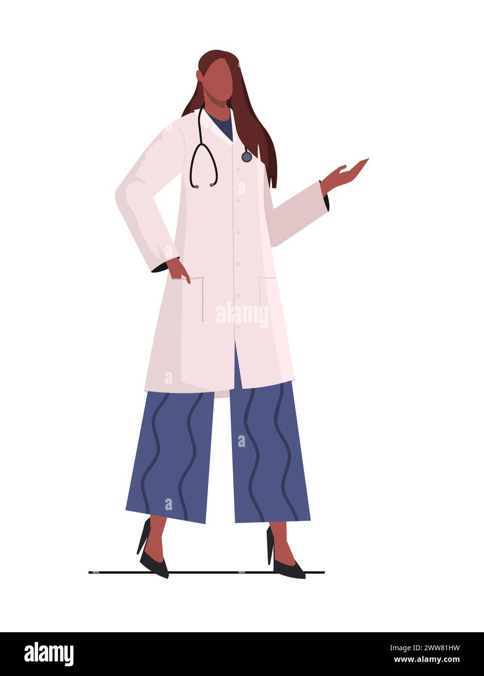 Giovane, moderna dottoressa afroamericana vestita con l'uniforme di un medico bianco. Giornata internazionale dei medici. Diagnostica, sanità, servizio medico. Foto Stock