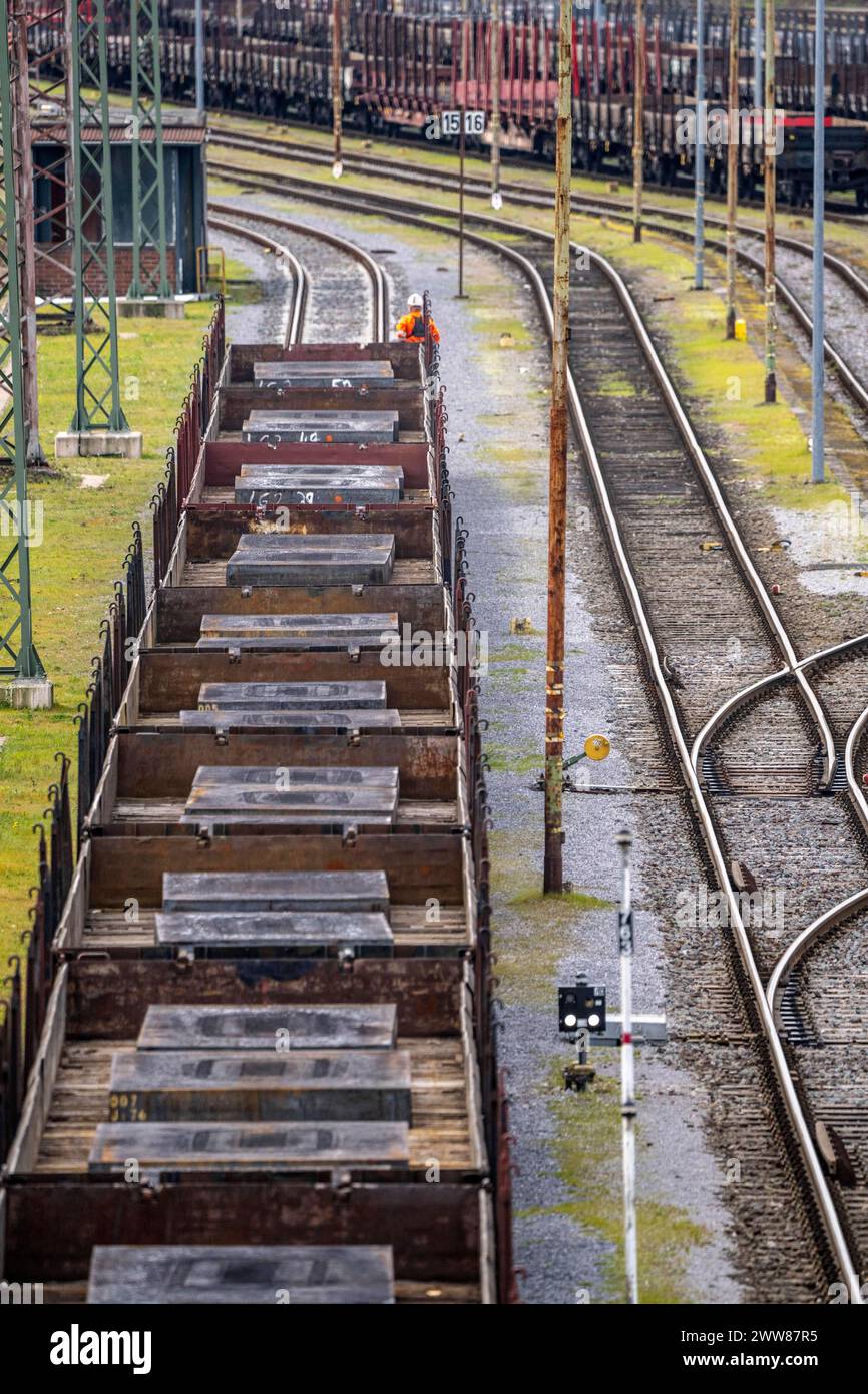 Güterzug mit Stahlbrammen auf dem Rangierbahnhof Mülheim-Styrum, an der Bahnstrecke zwischen Mülheim an der Ruhr, und Duisburg, stark befahrene Eisenbahntrasse, für Nah- und Fernverkehr, Güterverkehr, NRW, Deutschland, Bahnanlage *** treno merci con lastre di acciaio presso il cantiere di smistamento di Mülheim Styrum, sulla linea ferroviaria tra Mülheim an der Ruhr e Duisburg, linea ferroviaria trafficata, per il traffico locale e a lunga distanza, traffico merci, NRW, Germania, struttura ferroviaria Foto Stock