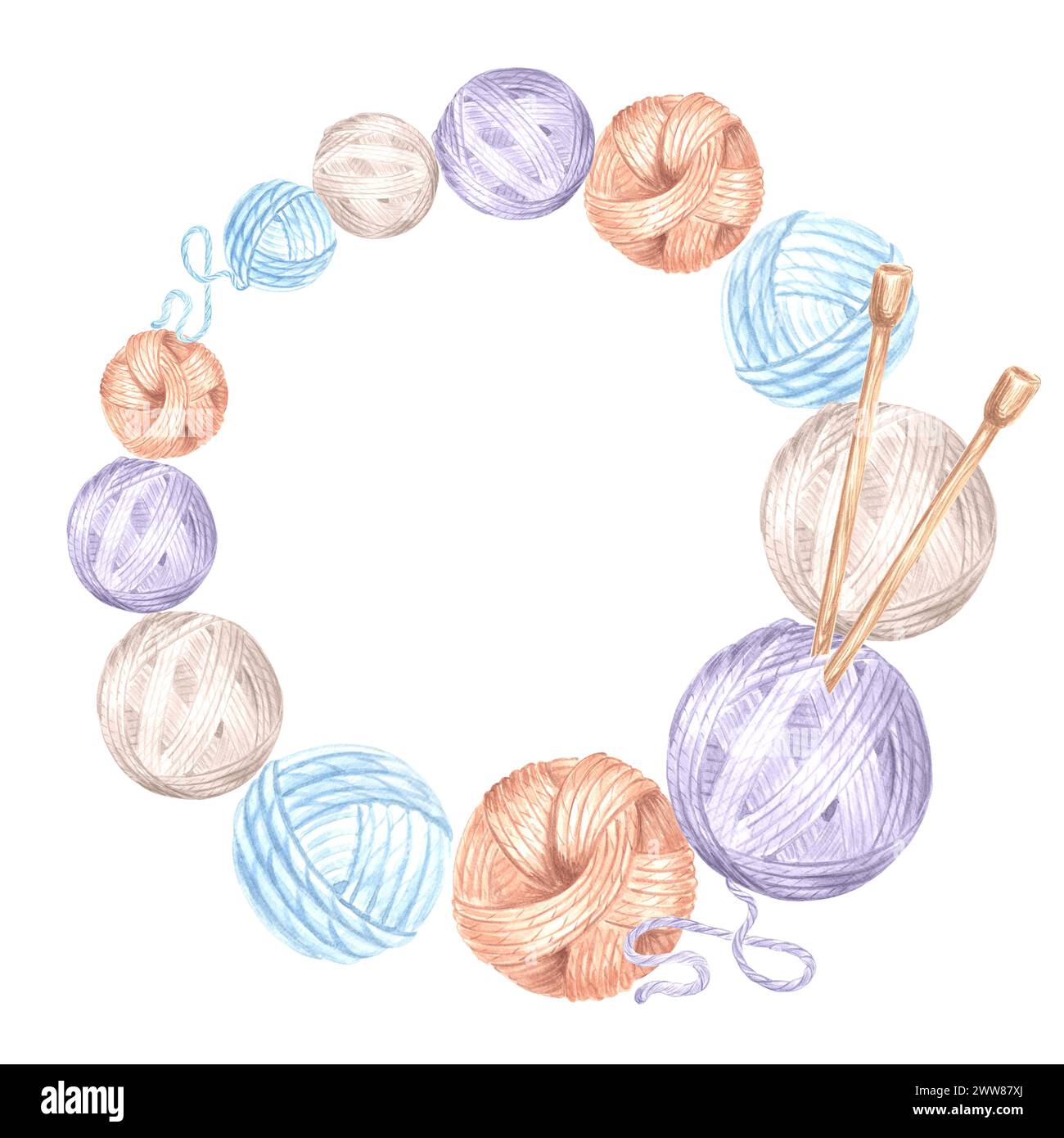Telaio rotondo ad acquerello realizzato in sfere di lana. Ghirlanda con grovigli. Illustrazione isolata disegnata a mano con spazio di copia per hobby knitting.Template per kn Foto Stock