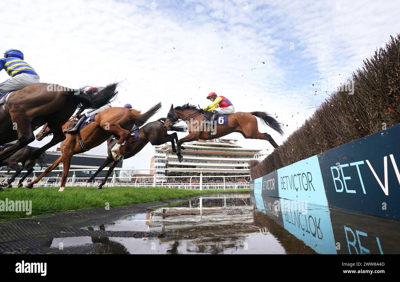 Neon Moon cavalcata dal fantino Jack Tudor (al centro) sulla strada per vincere le migliori quote garantite al BetVictor Novices' Limited handicap Chase all'ippodromo di Newbury, Berkshire. Data foto: Venerdì 22 marzo 2024. Foto Stock