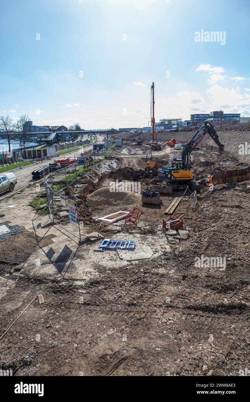 Stockton on Tees, Regno Unito. 22 marzo 2024. I lavori di costruzione sono iniziati nel centro della città dopo il completamento dei lavori di demolizione come parte dei Consigli prevede di aprire la High Street al lungofiume e include un hub sanitario NHS. David Dixon/Alamy Foto Stock