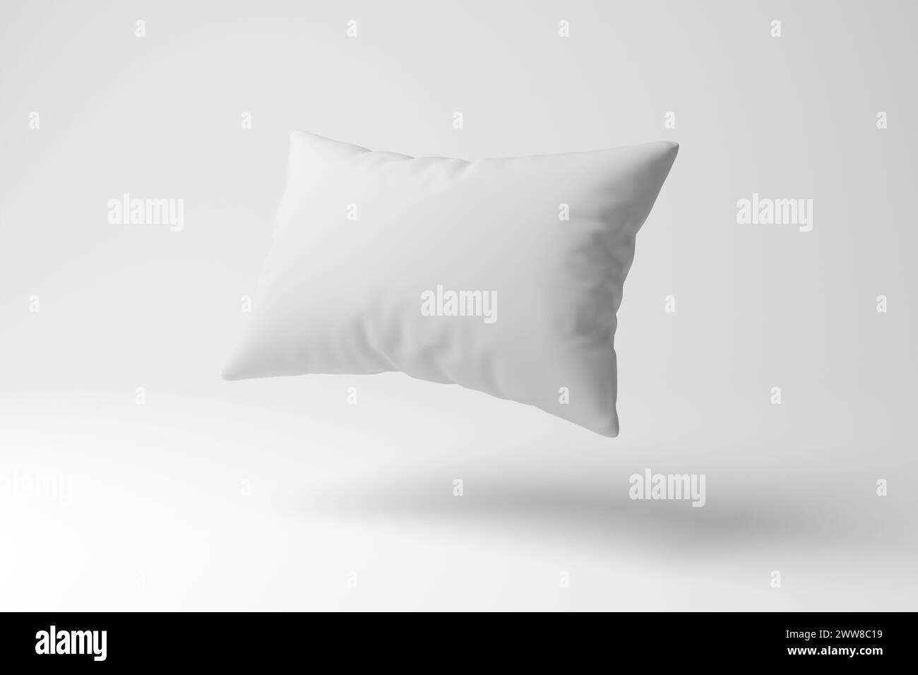 Cuscino bianco che galleggia a mezz'aria su sfondo bianco, minimalista e monocromatico. Illustrazione del concetto di sonno, qualità del sonno e insonnia Foto Stock