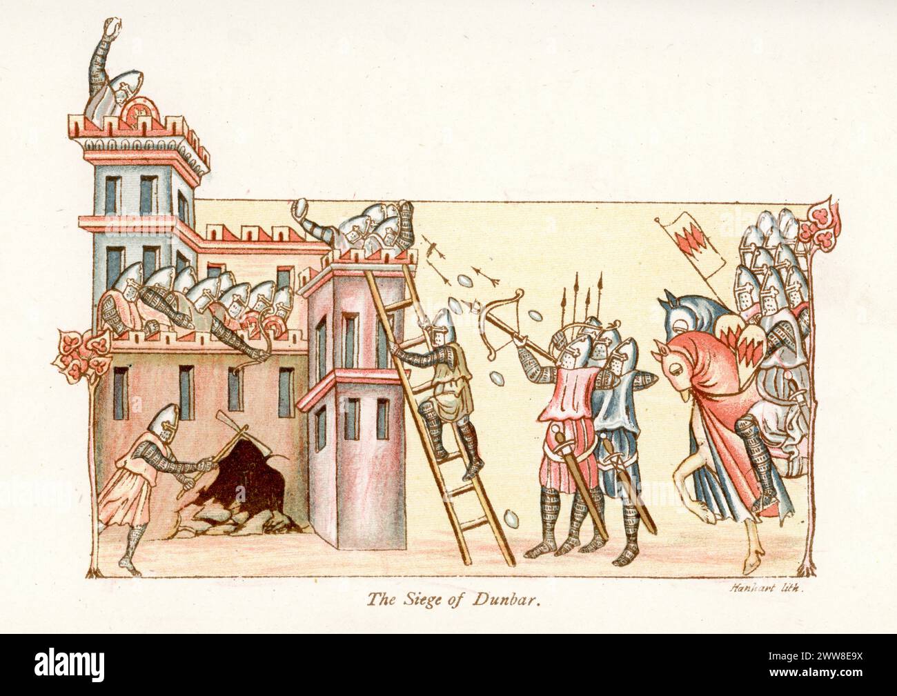 Litografia a colori vintage che mostra l'assedio di Dunbar, ebbe luogo durante il conflitto che sorse quando Edward Balliol, con il sostegno inglese, tentò di conquistare la corona scozzese a Davide II Foto Stock