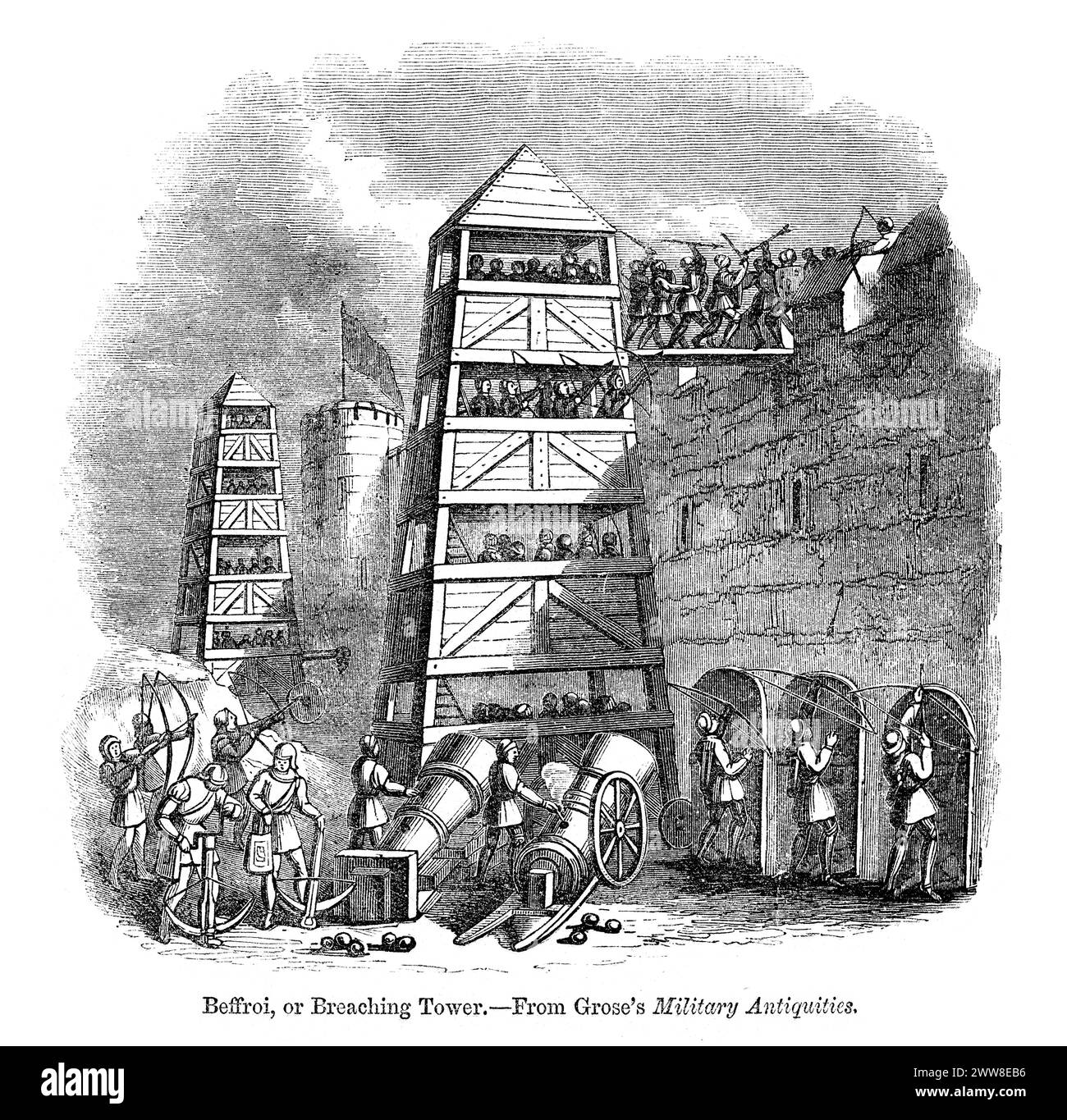 Incisione vintage che mostra una torre Beffroi o Belfry Siege, 1864 Foto Stock