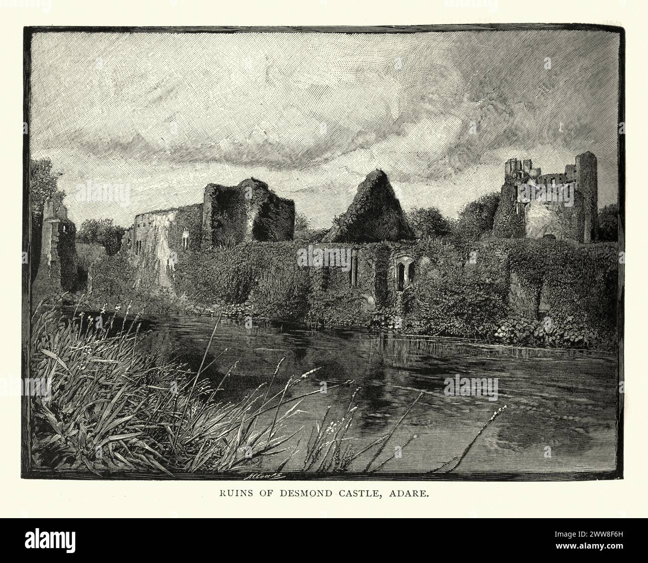 Incisione d'epoca delle rovine del castello di Desmond, Adare, Contea di Limerick, Irlanda, XIX secolo. Si dice che un castello o fortezza sia stato costruito per la prima volta con un antico forte ad anello, dagli o'Donovans, governanti della regione nel tardo XII secolo, e successivamente sia passato in possesso del ramo Kildare della dinastia FitzGerald Foto Stock