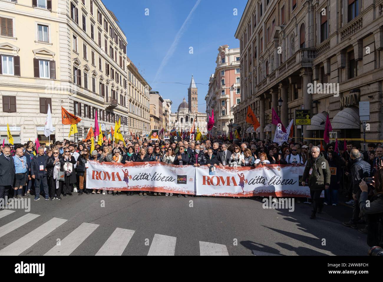 Roma, Italia. 21 marzo 2024. Manifestazione in via Merulana a Roma organizzata dall'Associazione ''libera contro le Mafie'' in occasione della giornata della memoria e dell'impegno in memoria delle vittime della mafia (Credit Image: © Matteo Nardone/Pacific Press via ZUMA Press Wire) SOLO USO EDITORIALE! Non per USO commerciale! Foto Stock