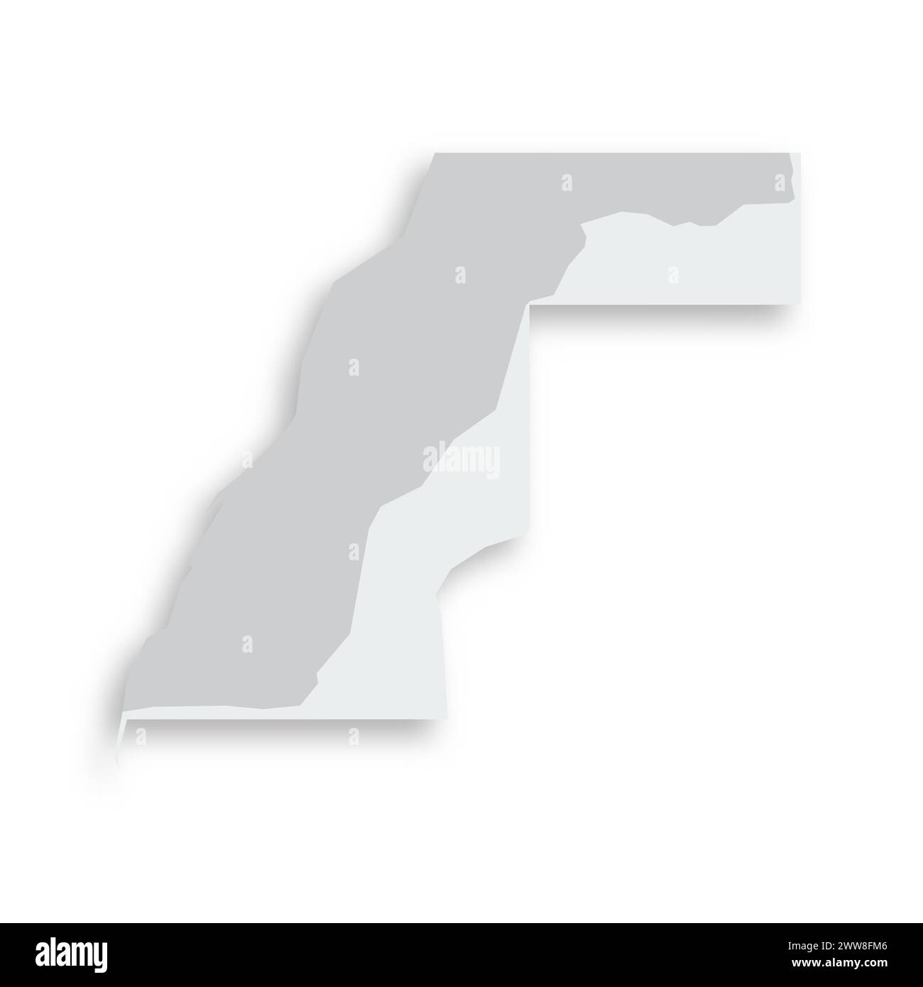 Mappa occidentale della terra divisa tra Marocco e Repubblica Democratica Araba Sahrawi dal muro del Sahara Occidentale marocchino. Mappa vettoriale piatta vuota grigia con ombra esterna. Illustrazione Vettoriale