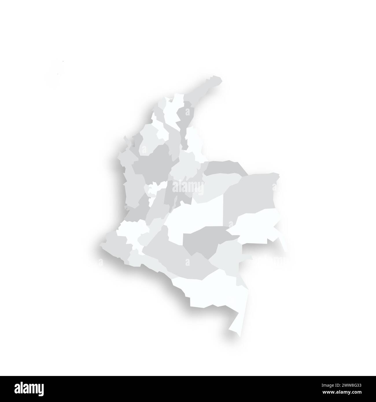Colombia mappa politica delle divisioni amministrative - dipartimenti e distretto della capitale. Mappa vettoriale piatta vuota grigia con ombra esterna. Illustrazione Vettoriale