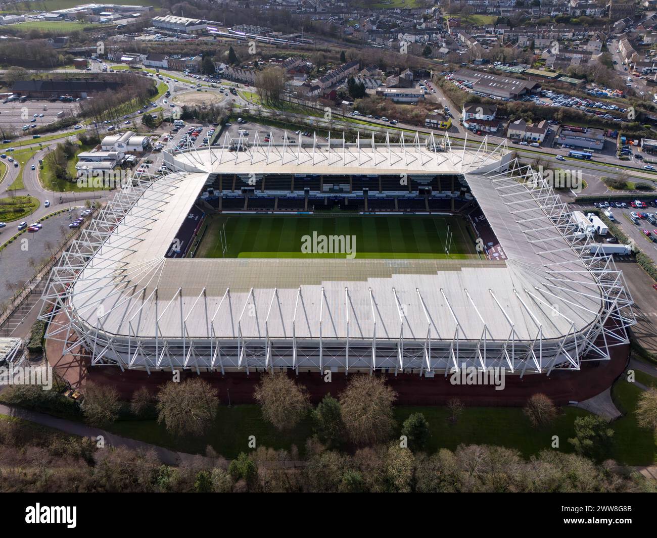 Swansea, Regno Unito. 22 marzo 2024. Veduta aerea dello Stadio Swansea.com di Swansea il 22 marzo 2024. Questa immagine può essere utilizzata solo per scopi editoriali. Solo per uso editoriale. Crediti: Ashley Crowden/Alamy Live News Foto Stock