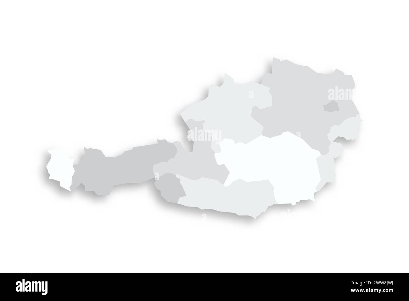 Austria mappa politica delle divisioni amministrative - stati federali. Mappa vettoriale piatta vuota grigia con ombra esterna. Illustrazione Vettoriale