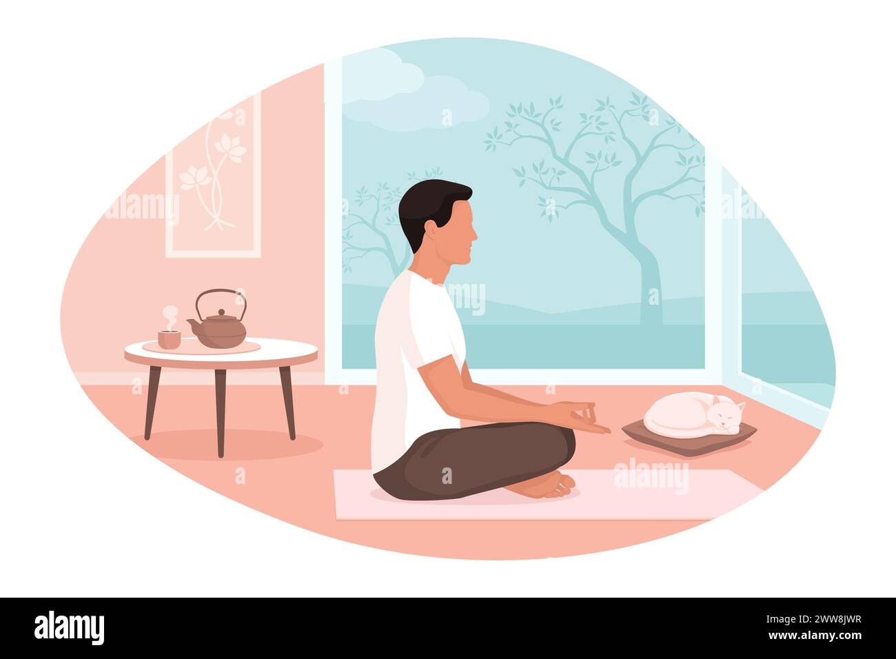 Uomo seduto sul pavimento e meditando a casa, concetto di consapevolezza e relax Illustrazione Vettoriale