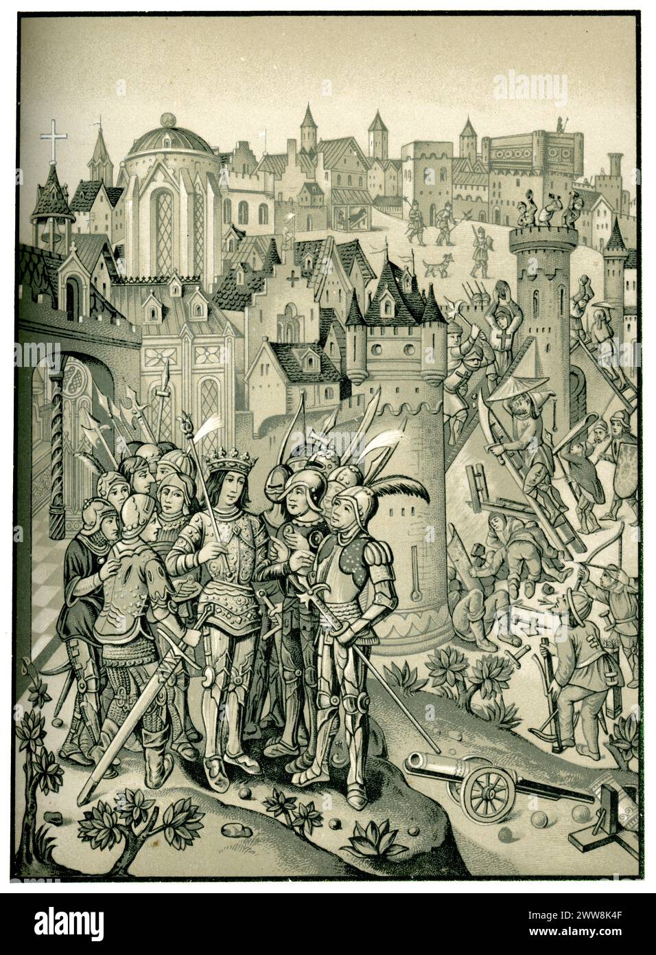 Assedio di una città difesa dai Borgognoni sotto Carlo vi Chroniques di Monstrelet, 1500 Foto Stock