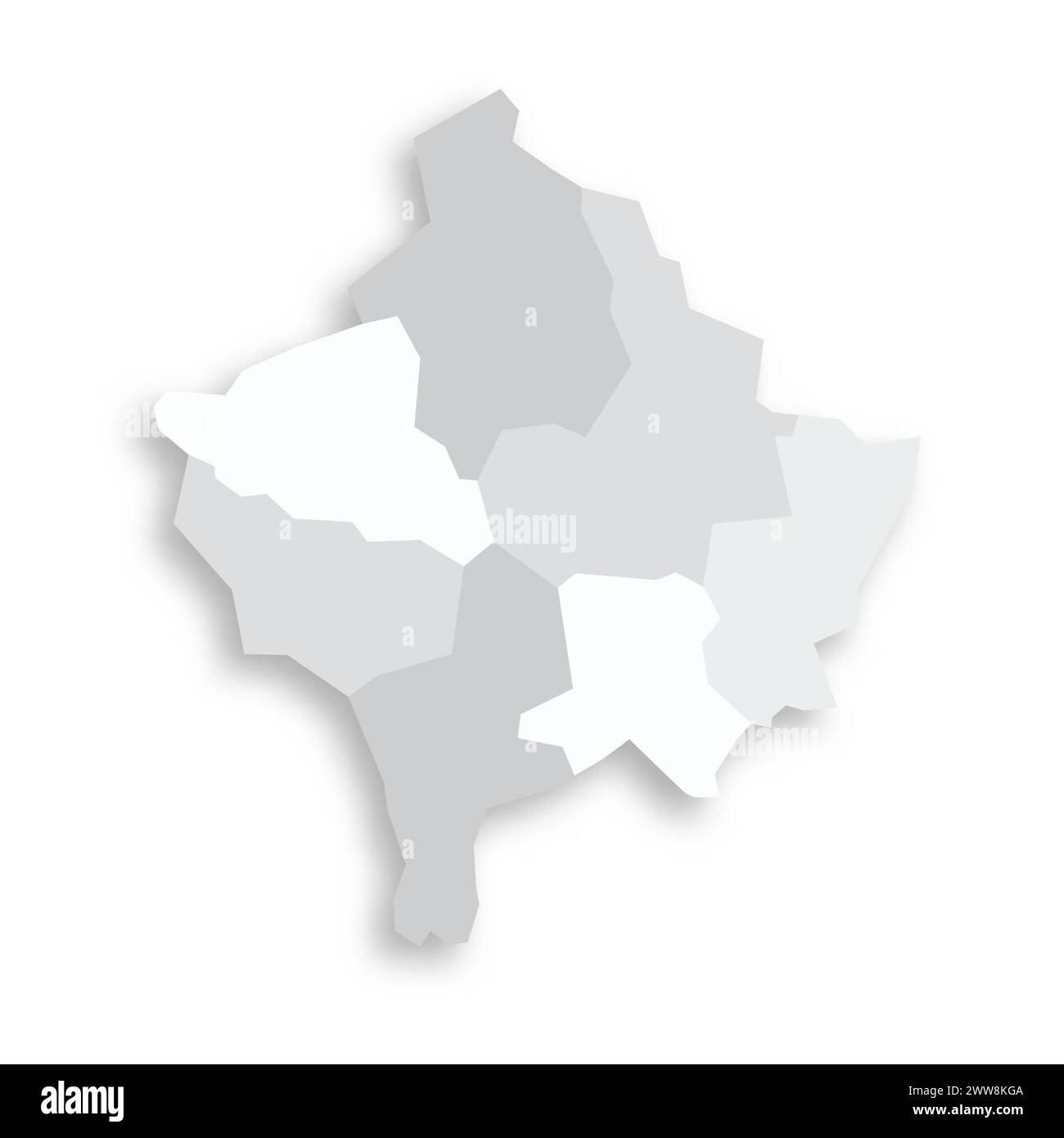 Mappa politica del Kosovo delle divisioni amministrative - distretti. Mappa vettoriale piatta vuota grigia con ombra esterna. Illustrazione Vettoriale