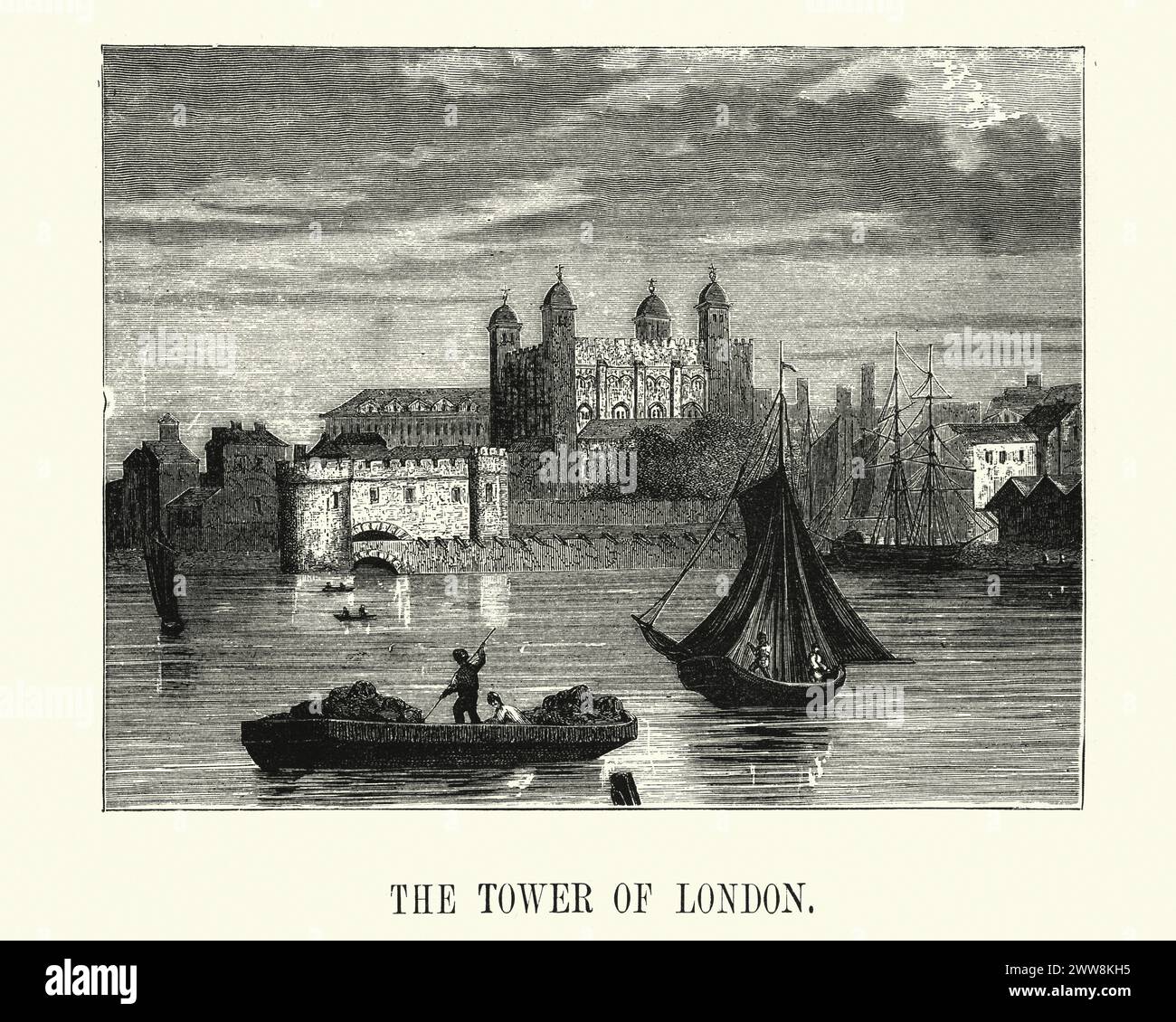 Incisione vintage della Torre di Londra del XIX secolo sul Tamigi Foto Stock