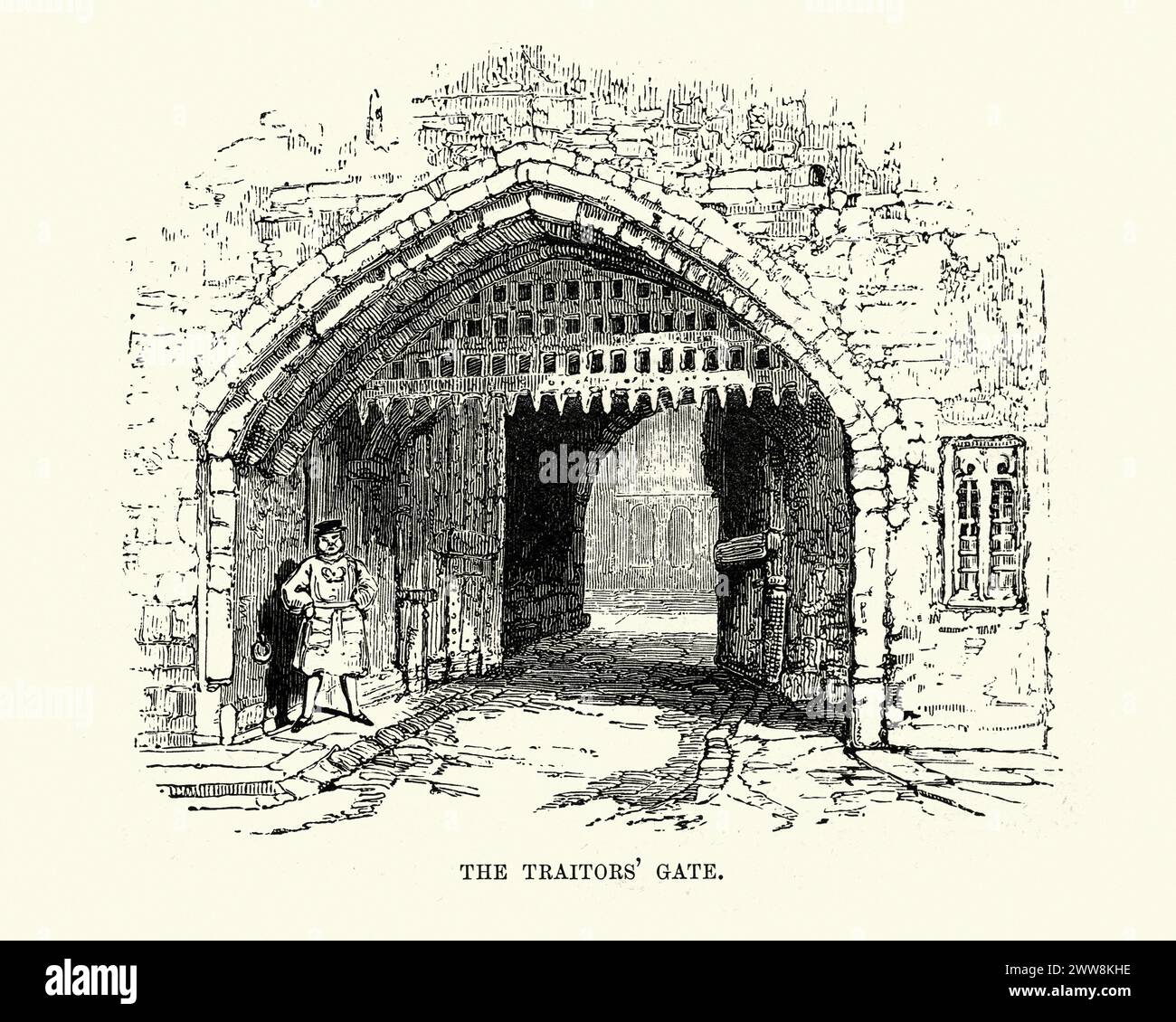 Incisione vintage della Torre di Londra, porta dei traditori. 1893 Foto Stock