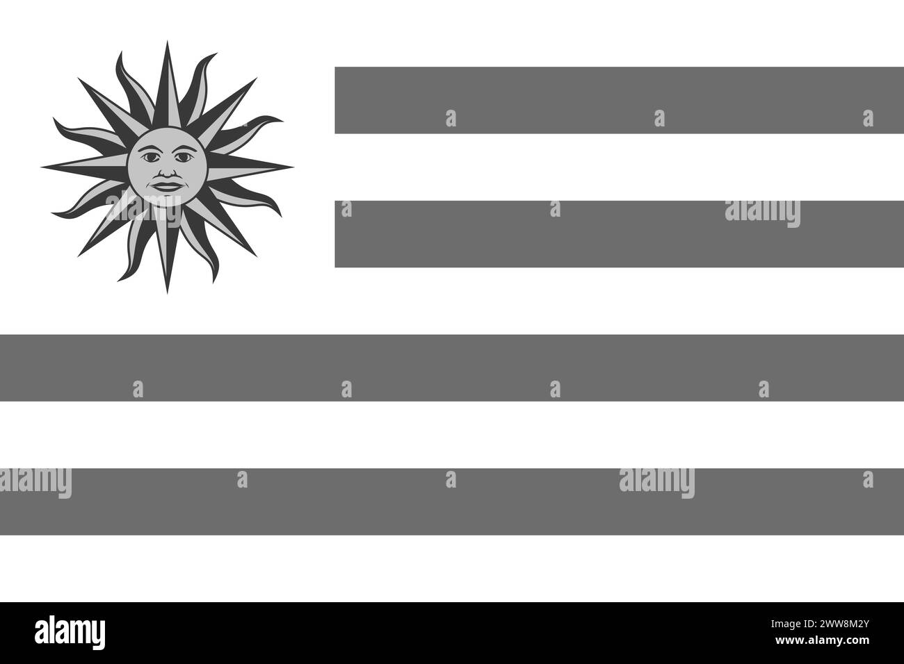 Bandiera Uruguay - illustrazione vettoriale monocromatica in scala di grigi. Bandiera in bianco e nero Illustrazione Vettoriale