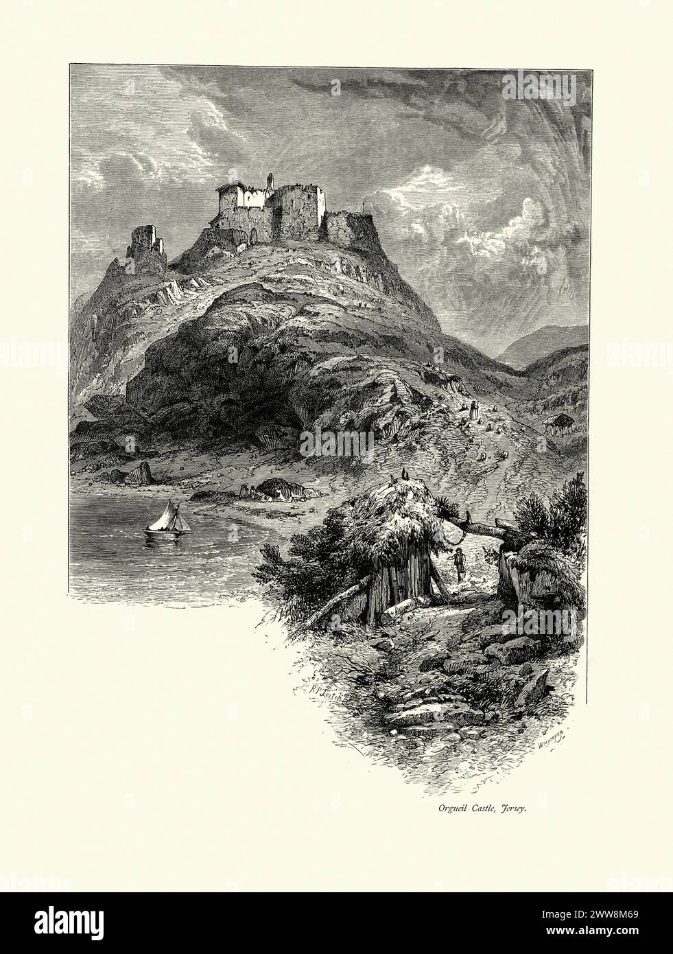 Illustrazione d'epoca del Castello di Orgueil, Jersey, del XIX secolo Mont Orgueil è un castello di Jersey che si affaccia sul porto di Gorey. È anche chiamato Castello di Gorey da anglofoni, e lé Vièr Châté da parlanti Jèrriais. Il sito era stato fortificato in epoca preistorica, ma la costruzione del castello fu intrapresa in seguito alla divisione del Ducato di Normandia nel 1204. Il castello fu menzionato per la prima volta nel 1212. Foto Stock