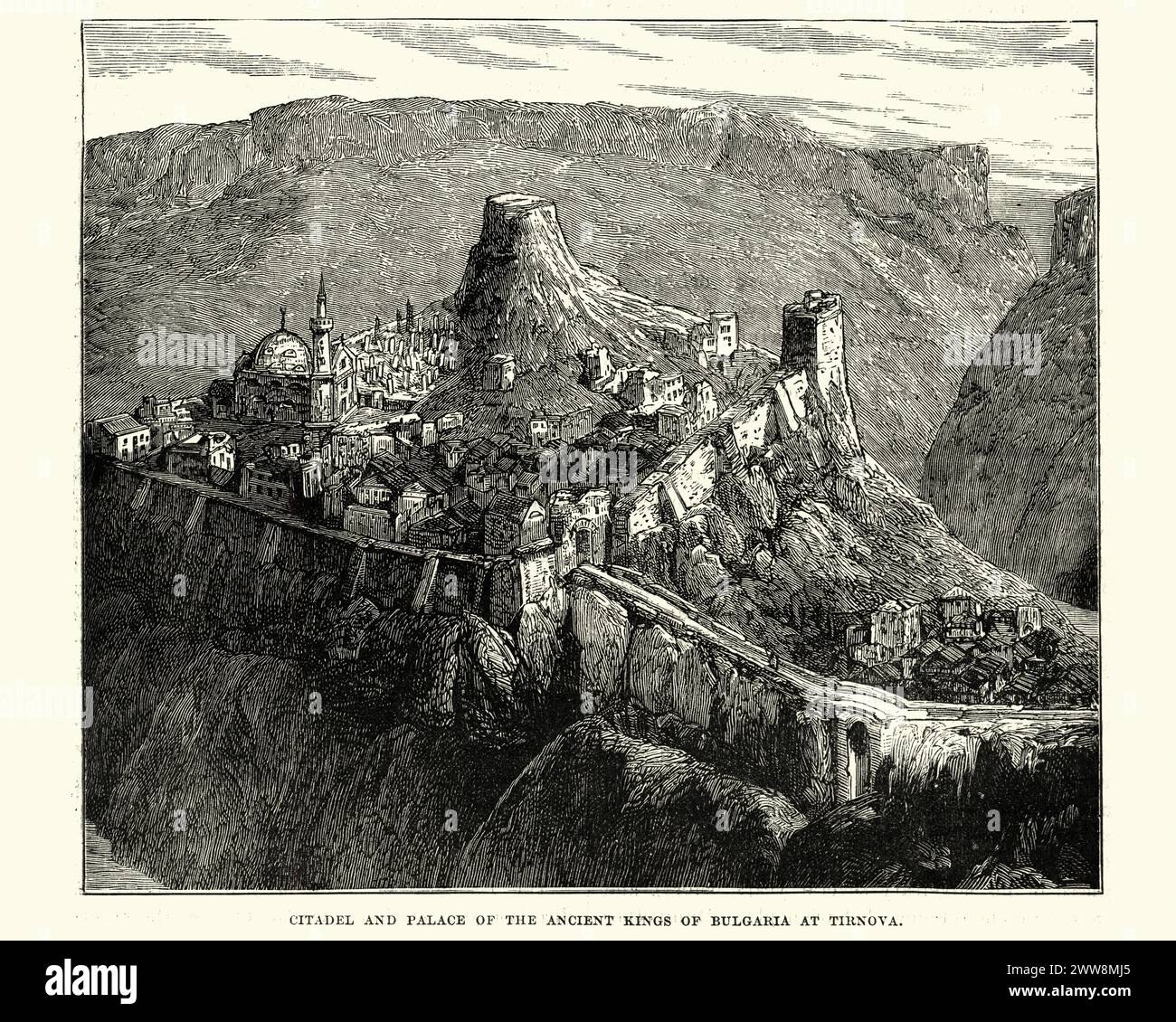 Incisione d'epoca della Cittadella e del Palazzo degli antichi Re di Bulgaria a Veliko Tarnovo Foto Stock