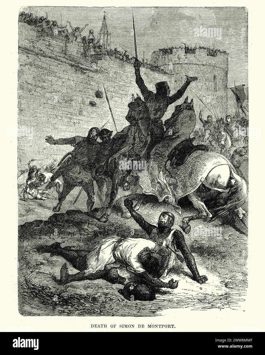 Incisione d'epoca della morte di Simon de Montfort, assedio di Tolosa, 1218, durante la crociata albigese Foto Stock