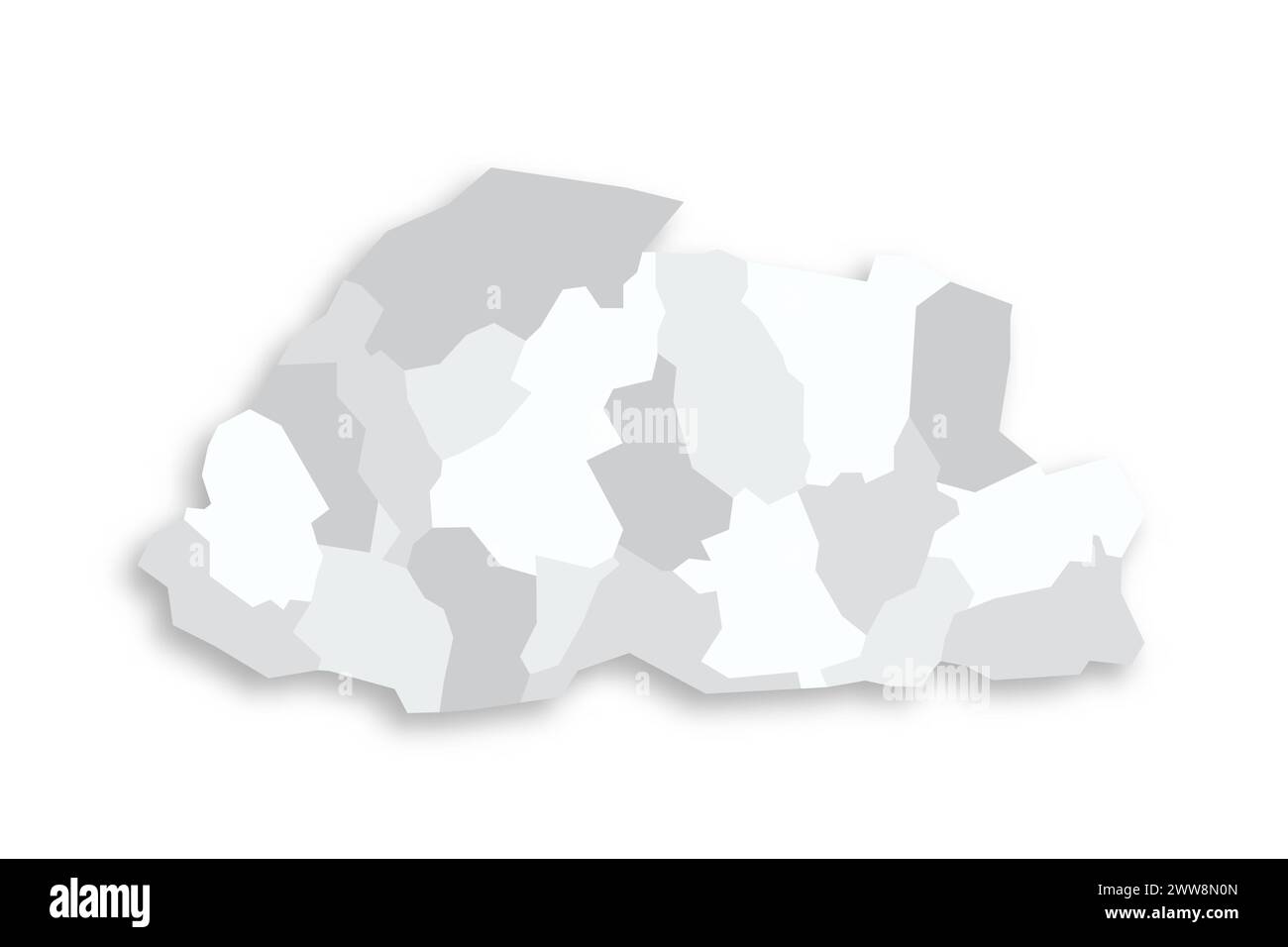 Mappa politica del Bhutan delle divisioni amministrative - distretti. Mappa vettoriale piatta vuota grigia con ombra esterna. Illustrazione Vettoriale