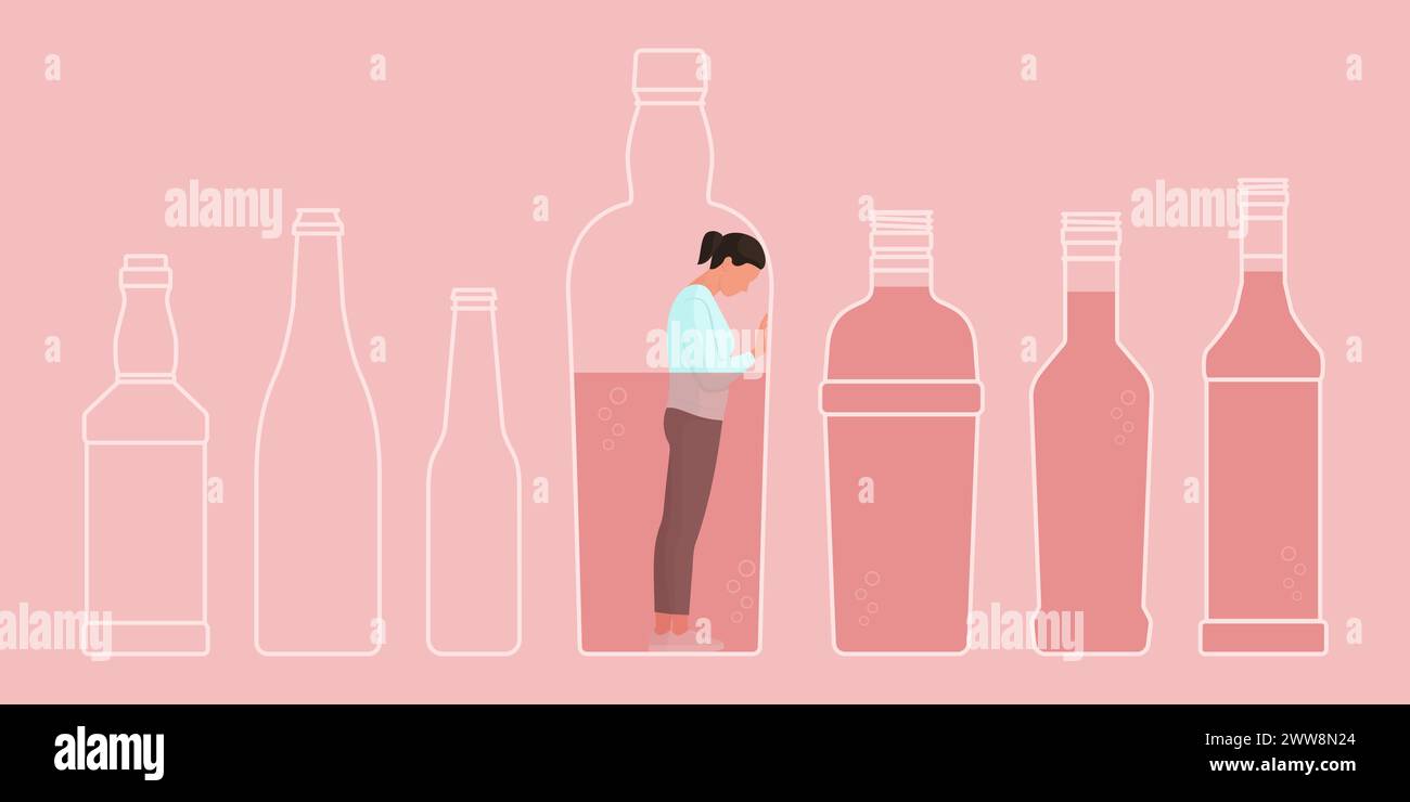Donna disperata depressa intrappolata in una bottiglia: Concetto di dipendenza da alcol Illustrazione Vettoriale