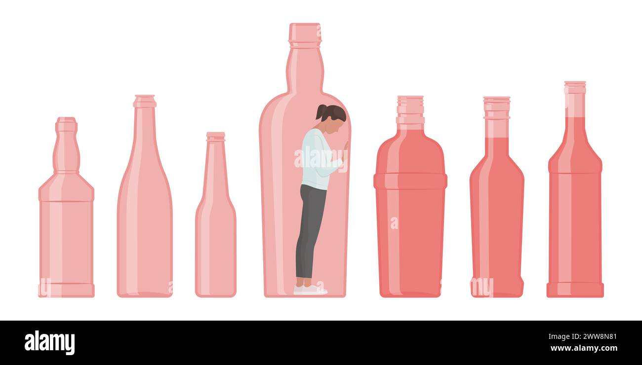 Donna disperata depressa intrappolata in una bottiglia: Concetto di dipendenza da alcol Illustrazione Vettoriale