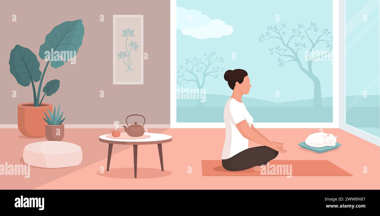 Donna seduta sul pavimento e pratica meditazione a casa, consapevolezza e spiritualità Illustrazione Vettoriale