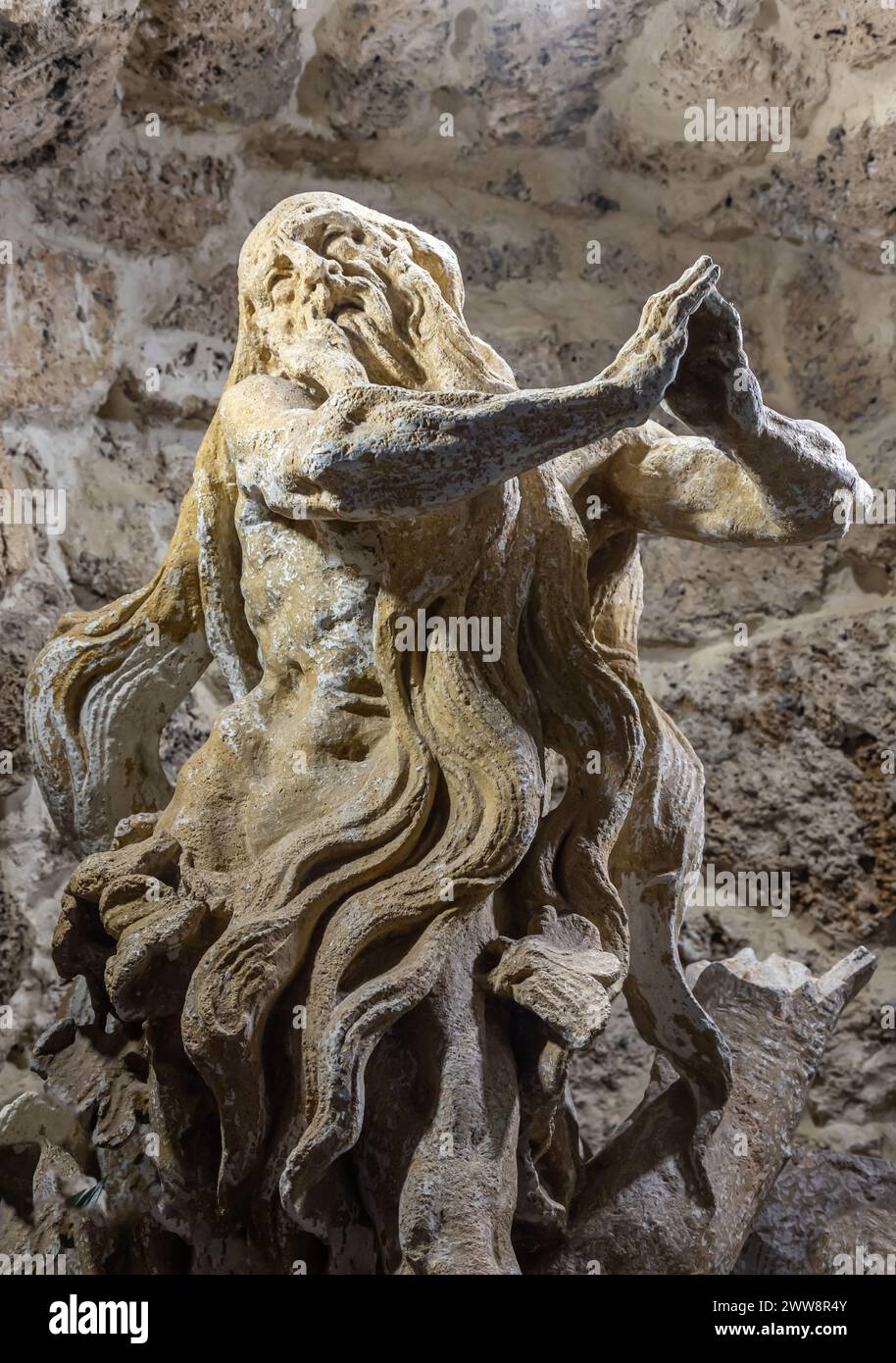 Scultura in pietra di San Onuphrius, Rukomysh. Scritto da Pinzel. Foto Stock