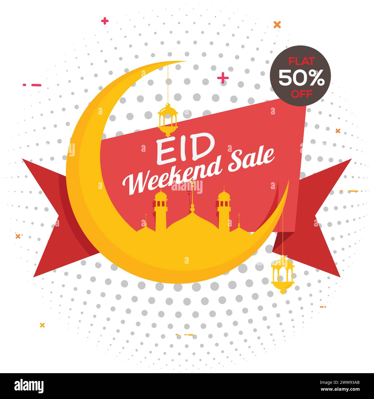 Offerta speciale EID Weekend Design del nastro, grande luna crescente creativa con moschea e lampade per Eid. Fino al 50% di sconto. Illustrazione Vettoriale