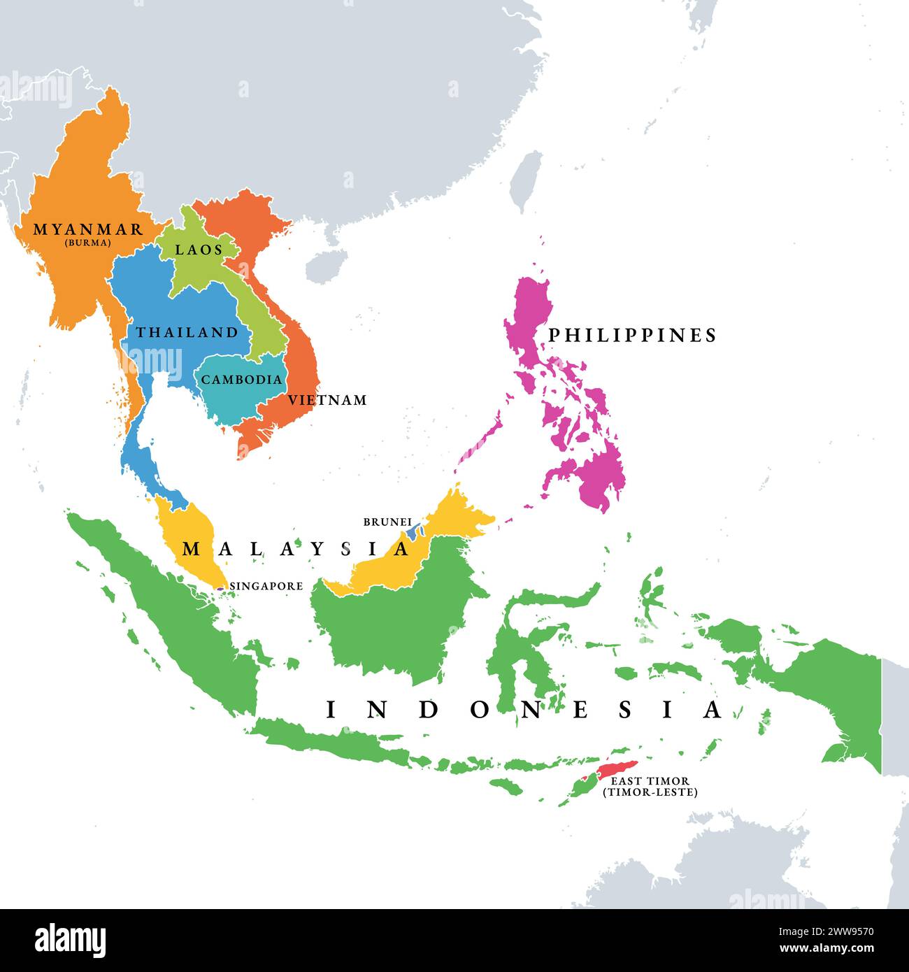 Paesi del sud-est asiatico, mappa politica. Regione geografica dell’Asia, delimitata dall’Asia orientale e meridionale, dall’Oceania, dall’Oceano Pacifico e dall’Australia. Foto Stock