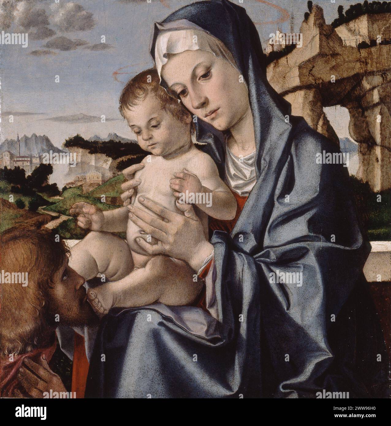 La Vergine col bambino con un santo (c. 1483) - che mostra la posizione della mano della Vergine firmata montagna Bartolomeo montagna Foto Stock