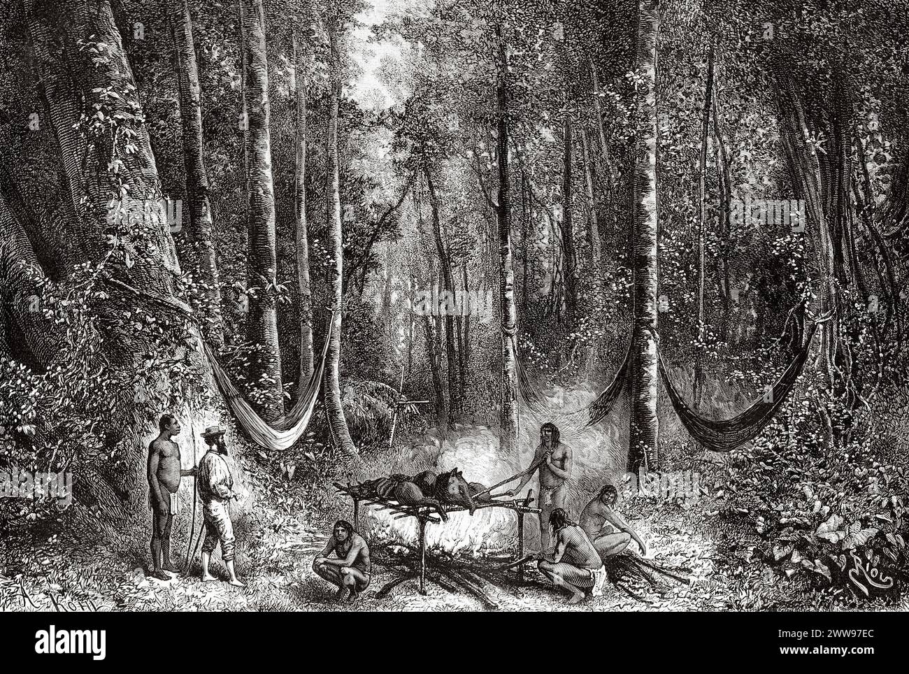 Nativi che arrostono un tapir nella giungla, Guyana francese, Sud America. Disegno di Edouard Riou (1833 - 1900) da Cayenne alle Ande (1878-1879) di Jules Crevaux (1847 - 1882) le Tour du Monde 1880 Foto Stock