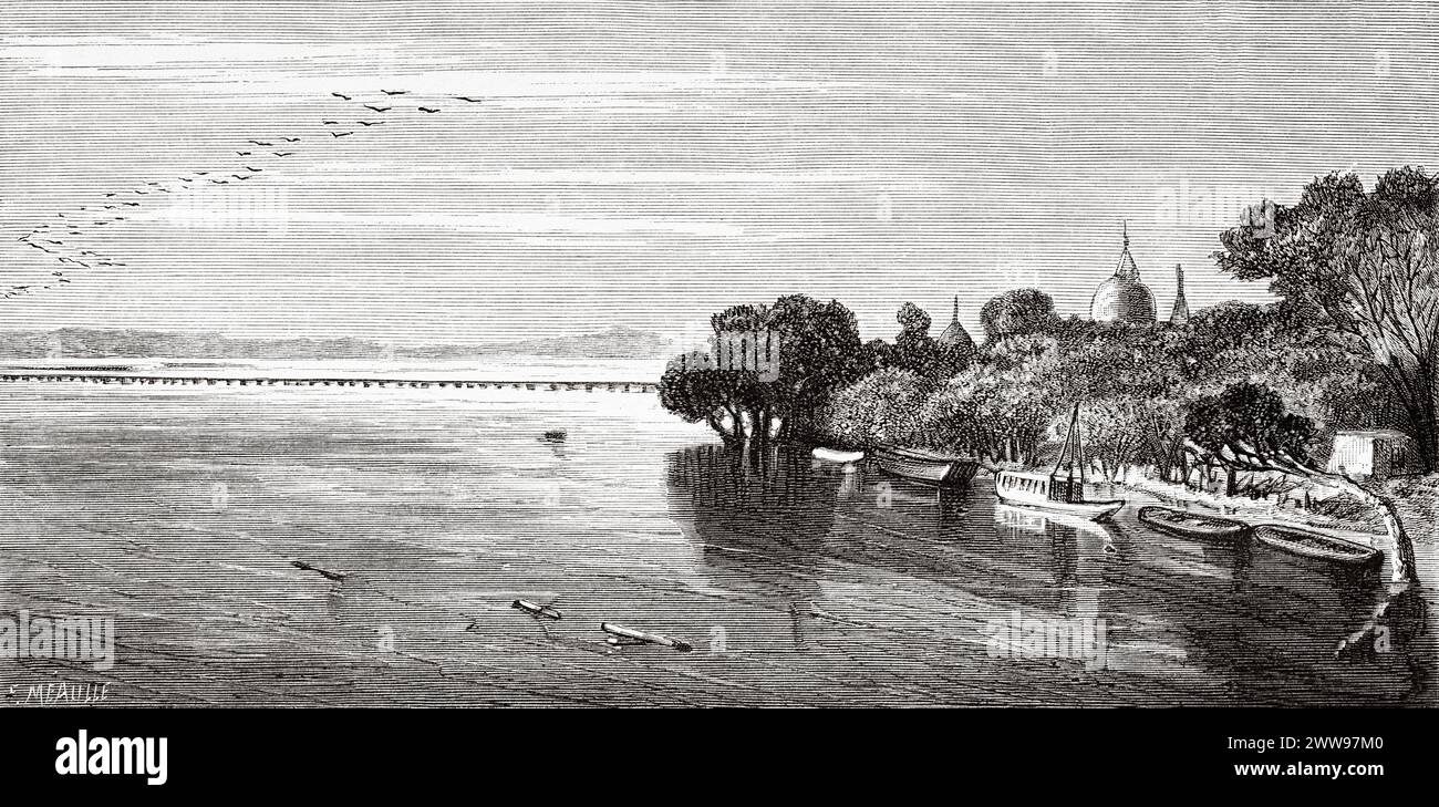 Sulle rive del fiume Jhelum, Pakistan. Asia. Viaggio a Murree (Himalaya settentrionale) 1878. Disegni e testi di Evremond de Berard (1824 - 1881) le Tour du Monde 1880 Foto Stock