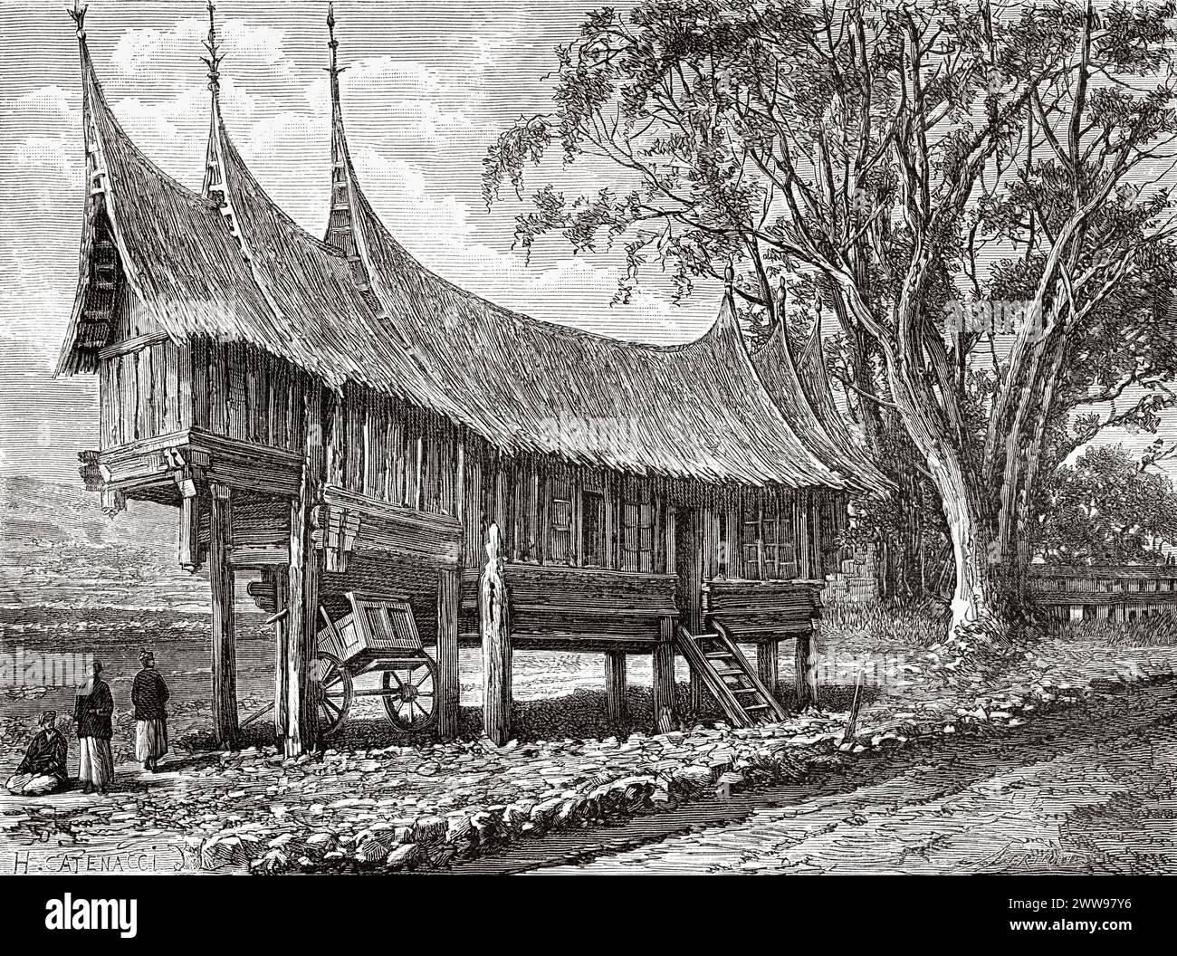 Una casa tradizionale a Alahan Pandjang, l'isola di Sumatra. Indonesia. Disegno di Catenacci. Attraverso l'isola di Sumatra 1877 di Daniel David Veth (1850 - 1885) le Tour du Monde 1880 Foto Stock