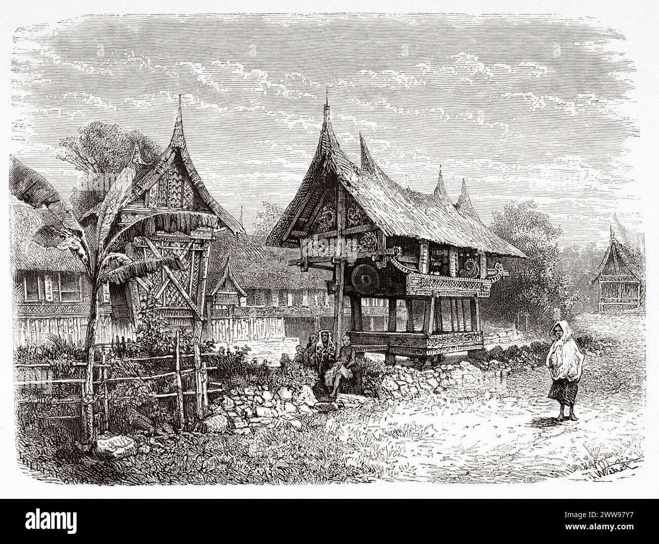 Una casa in stile architettonico Minangkabau con fienile di riso e casa tabù ad Alahan Pandjang, Padangse Bovenlanden, Isola di Sumatra. Indonesia. Disegno di Theodore Alexander Weber (1838 - 1907) attraverso l'isola di Sumatra 1877 di Daniel David Veth (1850 - 1885) le Tour du Monde 1880 Foto Stock