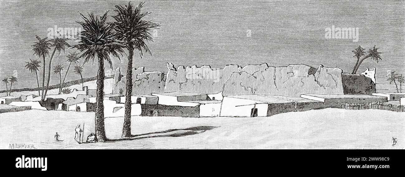 Tedscherri, città nella regione del Tibesti, deserto del Sahara, regione del Tibesti, Ciad, Africa. Disegno di Ivan Pranishnikoff (1841 - 1909) due mesi a Tibesti, episodi da viaggi in Africa 1869-1873 di Dr. Gustav Hermann Nachtigal (1834 - 1885) le Tour du Monde 1880 Foto Stock