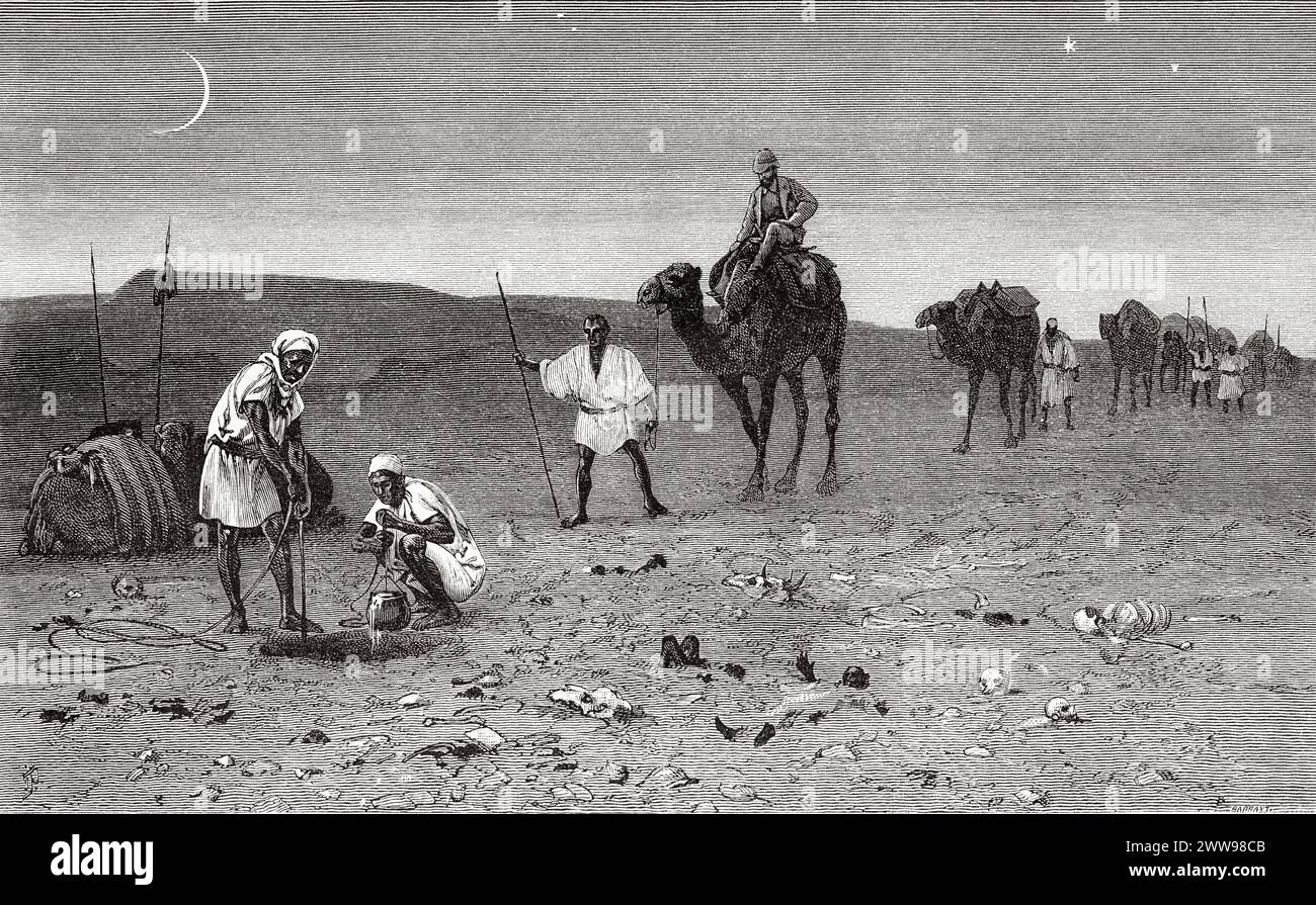 Meschrou. Pozzo d'acqua nel deserto del Sahara, regione del Tibesti, Ciad, Africa. Disegno di Ivan Pranishnikoff (1841 - 1909) due mesi a Tibesti, episodi da viaggi in Africa 1869-1873 di Dr. Gustav Hermann Nachtigal (1834 - 1885) le Tour du Monde 1880 Foto Stock
