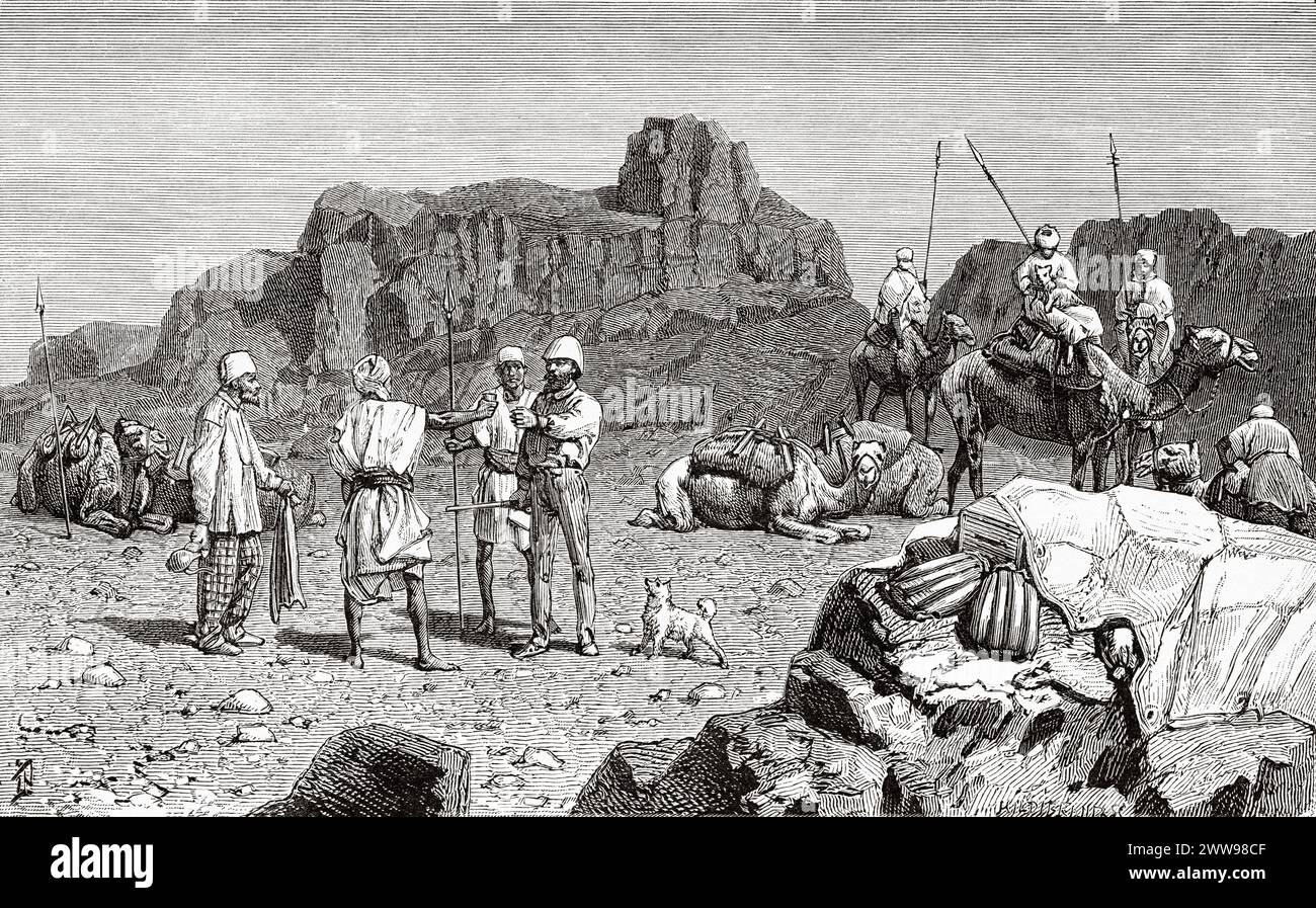 Kokomi offre un bicchiere di tè al Dr. Nachtigal, regione del Tibesti, Ciad, Africa. Disegno di Ivan Pranishnikoff (1841 - 1909) due mesi a Tibesti, episodi da viaggi in Africa 1869-1873 di Dr. Gustav Hermann Nachtigal (1834 - 1885) le Tour du Monde 1880 Foto Stock