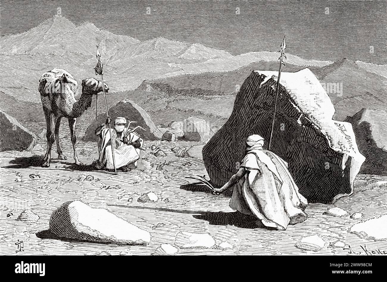 Tradizionale scena di saluto tra gli abitanti del deserto del Sahara, regione del Tibesti, Ciad, Africa. Disegno di Ivan Pranishnikoff (1841 - 1909) due mesi a Tibesti, episodi da viaggi in Africa 1869-1873 di Dr. Gustav Hermann Nachtigal (1834 - 1885) le Tour du Monde 1880 Foto Stock