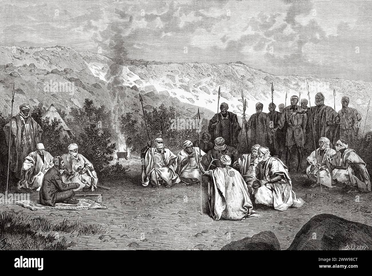 Intervista con la tribù Maina, deserto del Sahara, regione del Tibesti, Ciad, Africa. Disegno di Ivan Pranishnikoff (1841 - 1909) due mesi a Tibesti, episodi da viaggi in Africa 1869-1873 di Dr. Gustav Hermann Nachtigal (1834 - 1885) le Tour du Monde 1880 Foto Stock