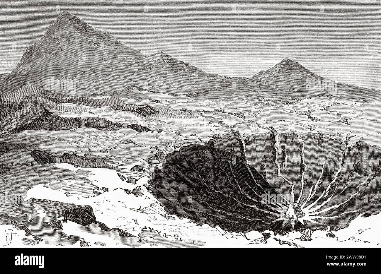 La Trou au Natron o Doon Orei è una caldera vulcanica del massiccio del Tibesti, regione del Tibesti, Ciad, Africa. Disegno di Ivan Pranishnikoff (1841 - 1909) due mesi a Tibesti, episodi da viaggi in Africa 1869-1873 di Dr. Gustav Hermann Nachtigal (1834 - 1885) le Tour du Monde 1880 Foto Stock