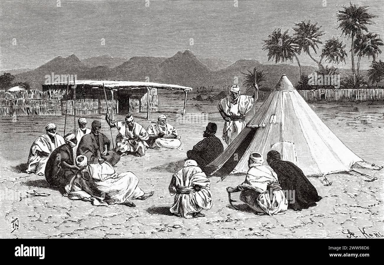 Incontro di fronte alla tenda Val Bardai, regione del Tibesti, Ciad, Africa. Disegno di Ivan Pranishnikoff (1841 - 1909) due mesi a Tibesti, episodi da viaggi in Africa 1869-1873 di Dr. Gustav Hermann Nachtigal (1834 - 1885) le Tour du Monde 1880 Foto Stock